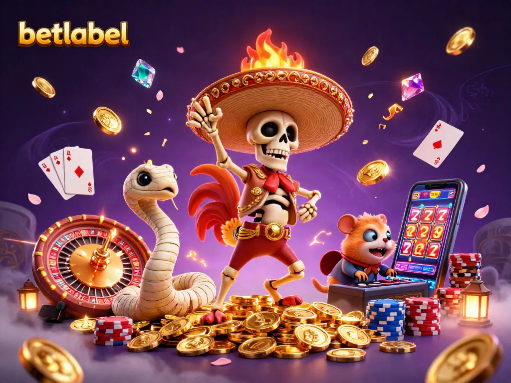 Experience the excitement with betlabel's vibrant casino themes featuring a mariachi rooster and game elements.