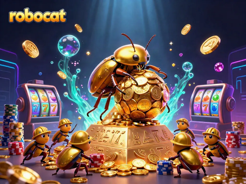 Experience excitement with RoboCat as it spins slot reels amidst cascading coins and shimmering gems.