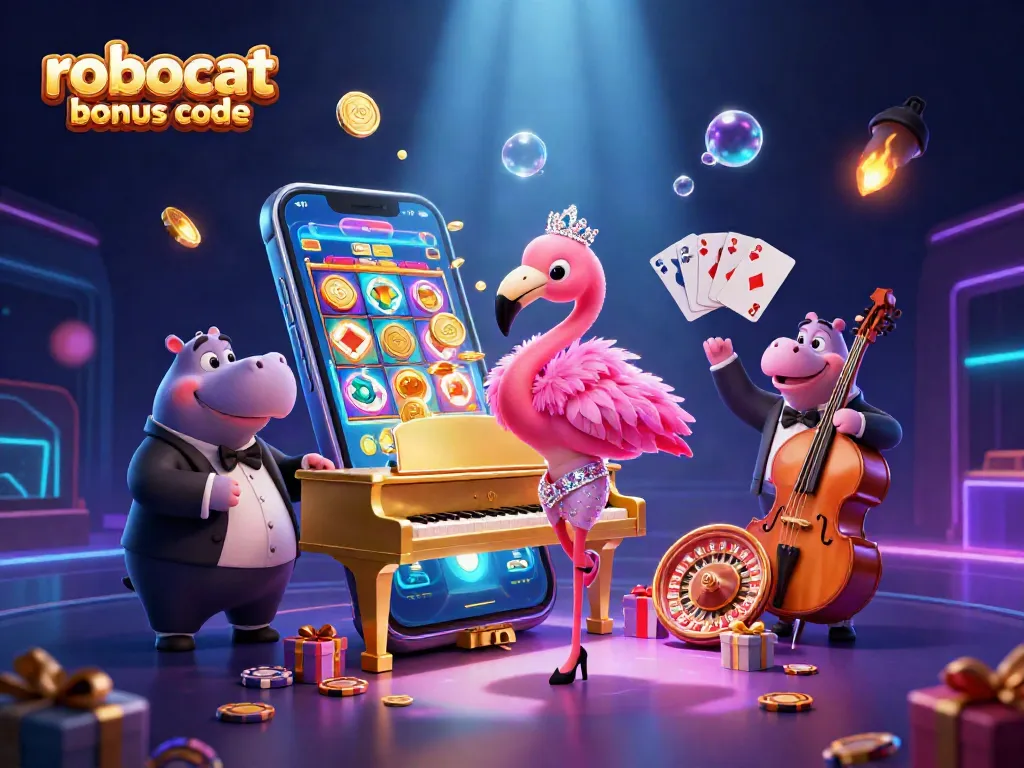 Spin and win with the vibrant robocat bonus code amidst a dazzling casino scene!