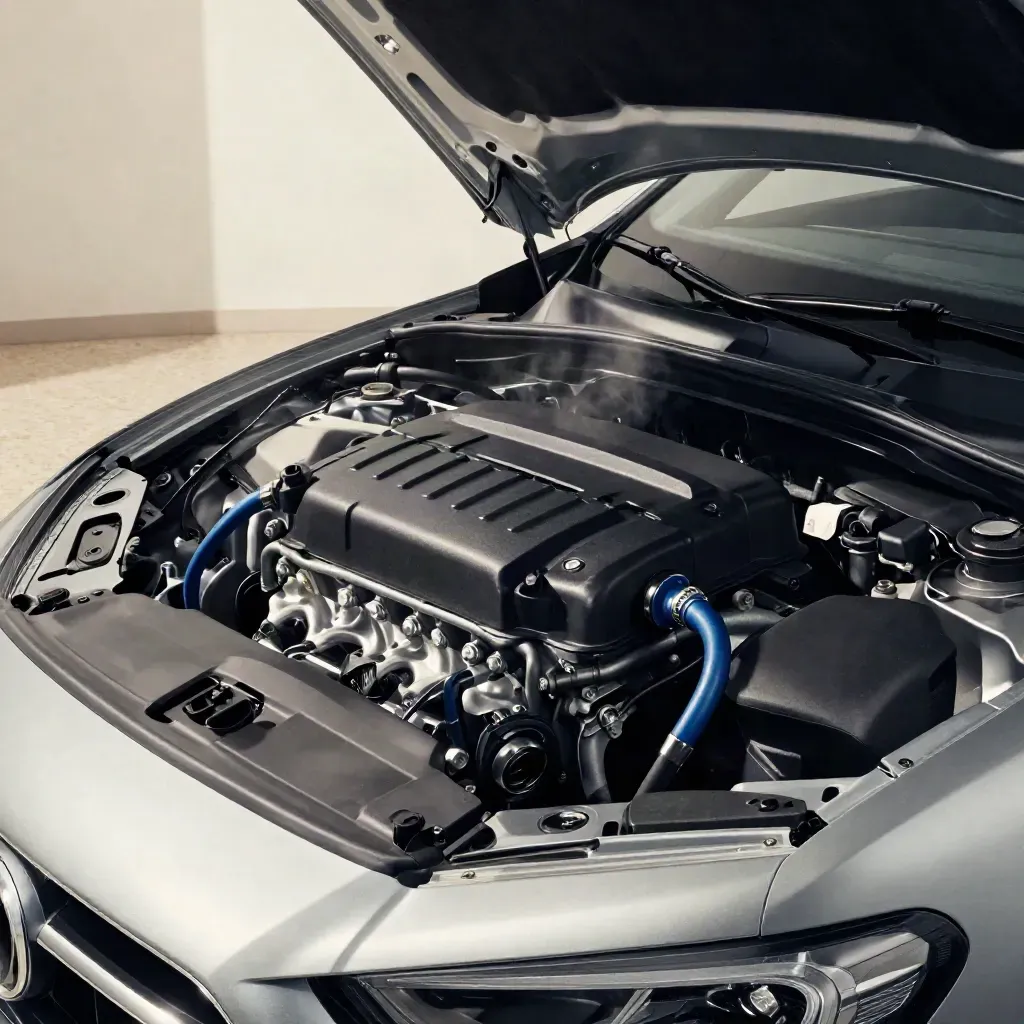 Vano motor abierto con bobina nueva y conector de diagnosis en un sedán gris.