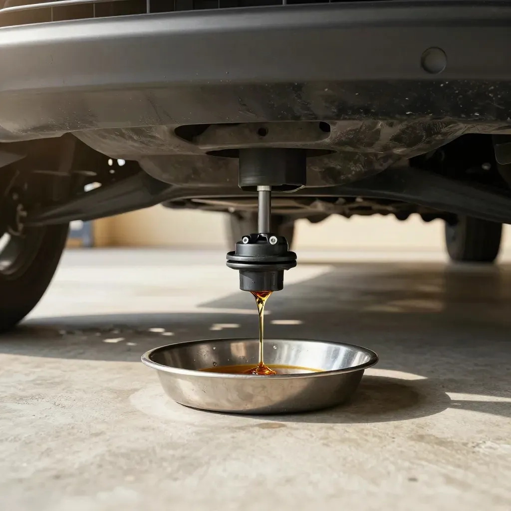 Cárter de coche elevado con aceite ámbar cayendo a una bandeja metálica en taller.
