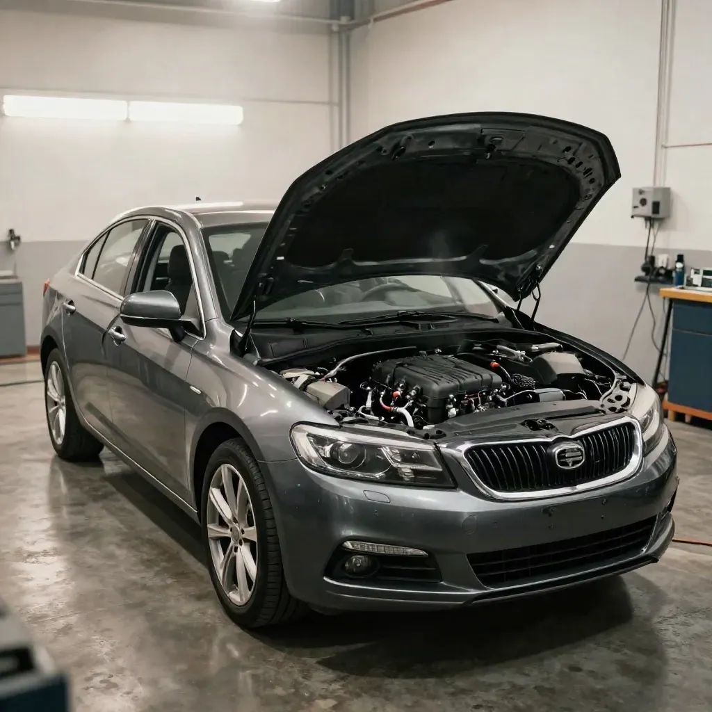 Coche gris con el capó abierto en un taller, motor recuperado y en ralentí limpio.