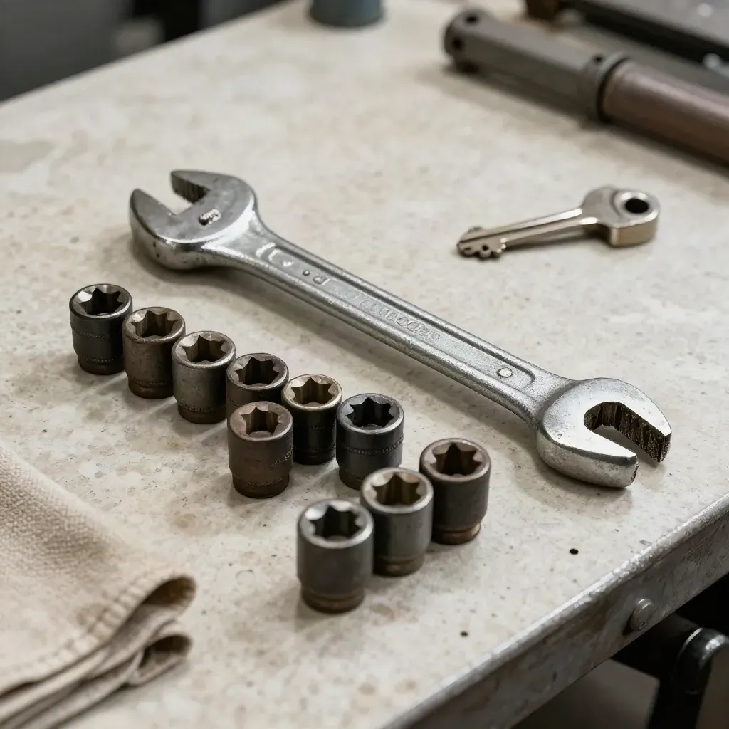 Llave dinamométrica, vasos y barra de fuerza sobre banco de acero en un taller dramático.