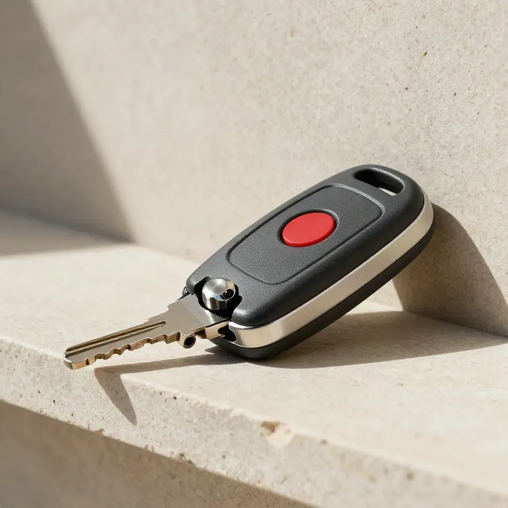 Llave de coche, fichas metálicas y sello rojo sobre piedra clara, composición limpia y elegante.