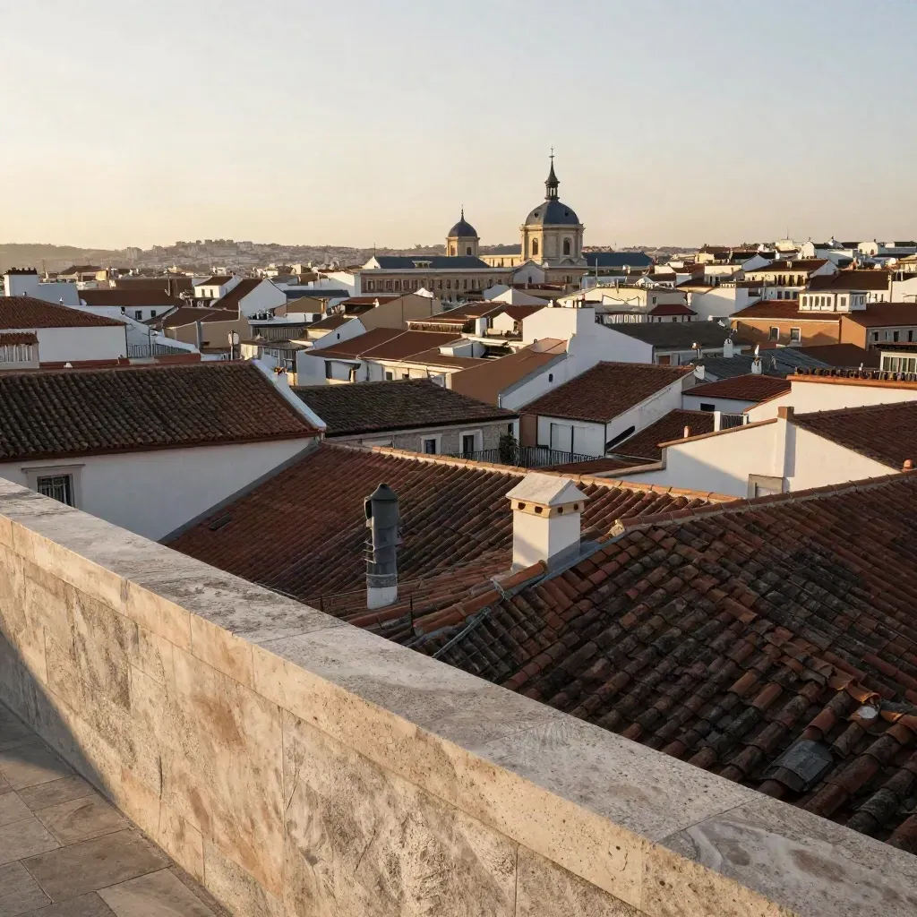 Azoteas de Madrid Centro con cúpulas y chimeneas bajo luz cálida y bruma dorada.