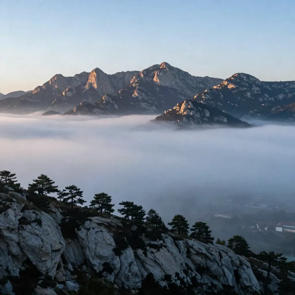 Sierra de Guadarrama al amanecer sobre niebla, con pinos oscuros y valles serenos.