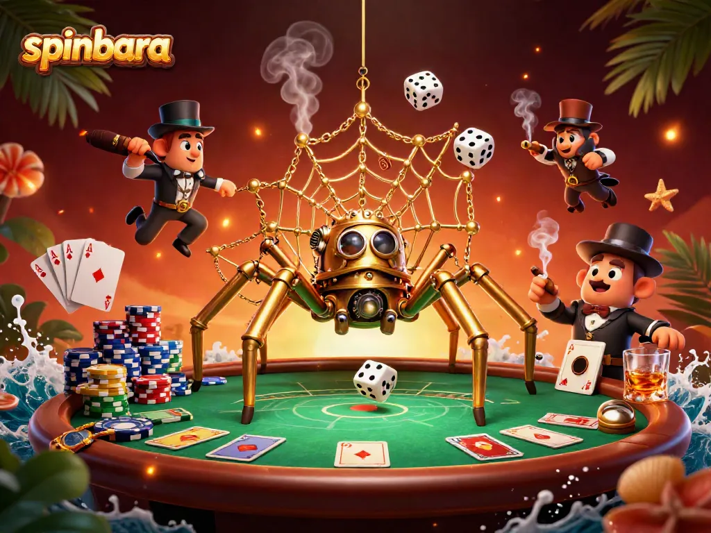 Experience the thrill of spinbara with a cartoon steampunk spider surrounded by vibrant casino elements.
